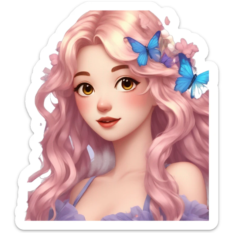gorgeous shiny blushing anime lady with butterflies and beautiful hair fairycore high quality detailed vogue trending aesthetic sticker