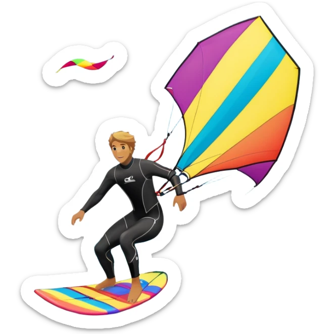 A kite surfer gliding across the water with a colorful kite soaring in the wind. The scene captures the excitement and fluid movement of the sport, with waves splashing around and a clear sky, emphasizing freedom and adventure. sticker