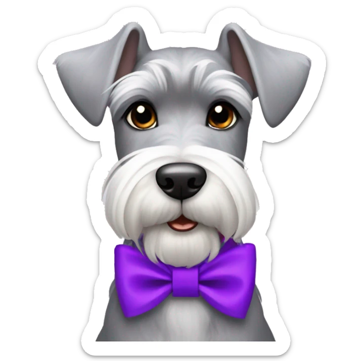 grey and white miniature schnauzer with purple collar and bows in her hair  sticker