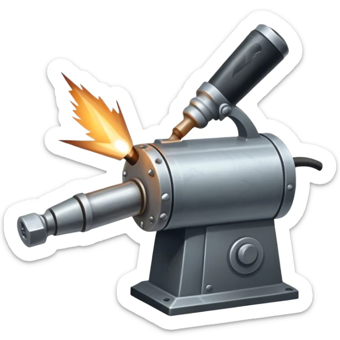 Metalworking icon, piece of metal being hammered, welding torch, metalworking tools like grinder, anvil, sparks flying, minimalistic style, clean lines, transparent background. sticker