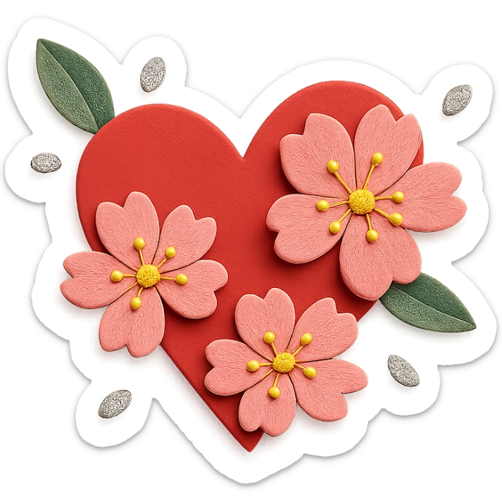 Make the silver details on the heart with sakura more prominent in paper craft style. sticker