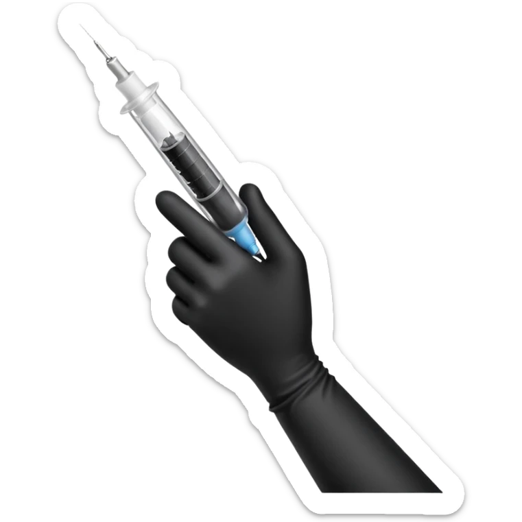 mano con guante medico de color negro sosteniendo una jeringa sticker