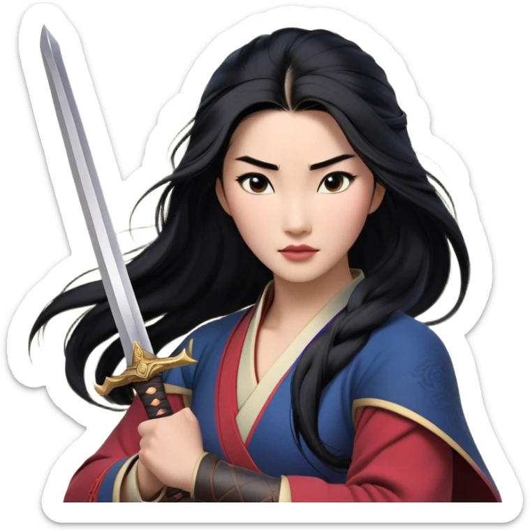 Cinematic Realistic Mulan Portrait, depicted with lifelike skin texture, soft natural lighting, and intricately detailed long black hair styled elegantly. Her deep, expressive eyes exude determination and grace, complemented by a serene yet confident expression. She stands with one hand resting on the hilt of her sword, the other by her side, exuding strength and poise. She is dressed in her classic attire, with rich fabric textures and delicate folds that catch the light beautifully. The portrait features a soft, enchanting glow with a natural, radiant finish, capturing the essence of timeless strength and beauty in a realistic and painterly style, evoking a sense of depth and authenticity. sticker