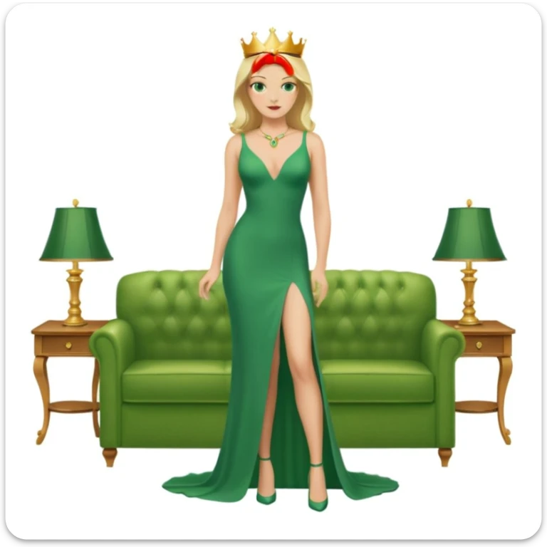 Queen, crown, blonde hair, green eyes, long green tight dress, decoltee,  Leg slit, whole Body, Background living room  sticker