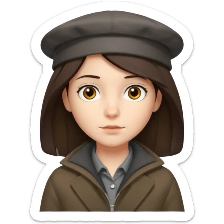 Hobo tomboy with shoulder-length center-parted dark brown hair. brown eyes, dark dull brown coat, grey shirt. Flat crown bolero hat sticker