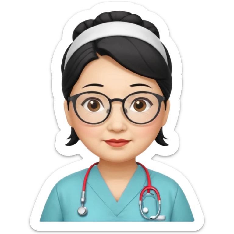 OLD ASIAN WOMAN WITH GLASSES, NURSE SCRUBS, HAIR BUN, BLACK HAIR, CHUBBY sticker
