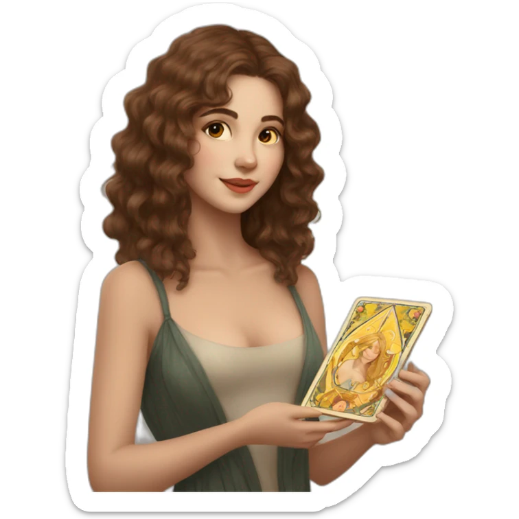 A wavy brown haired girl with a deck of tarot cards with golden star sticker