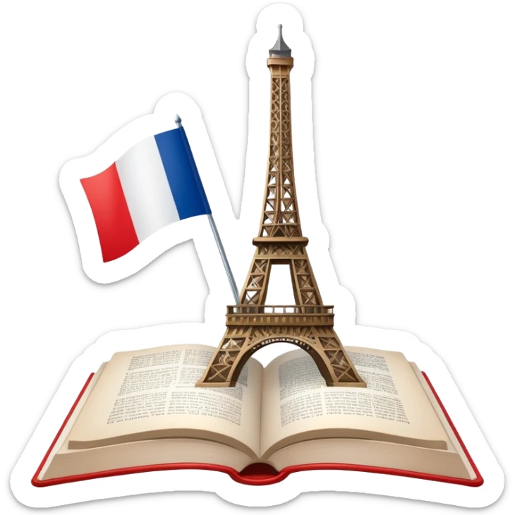 An icon featuring the Eiffel Tower and the flag of France, symbolizing the French language. The design includes an open book with French text, representing language learning and French culture. Transparent background highlights the elegance of the French-speaking world. sticker
