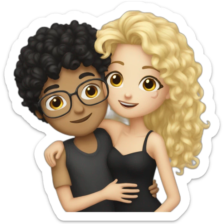 Boy curly blonde hair glasses kissing girl black hair sticker