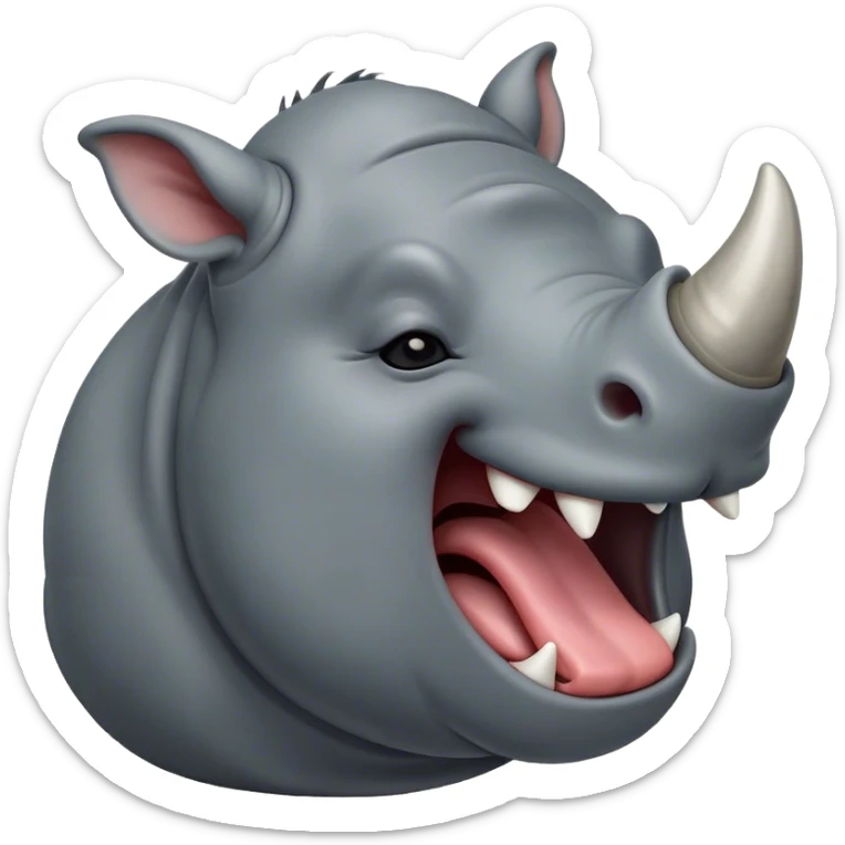 Cinematic Cute Yawning Rhinoceros Portrait Emoji, Head tilted slightly with a dramatic, wide-open yawn, showcasing a soft, textured slate-gray hide with a slightly drooping horn and eyes barely open in drowsy contentment, Simplified yet irresistibly adorable features, highly detailed, glowing with a soft, cozy glow, high shine, relaxed yet expressive, stylized with a touch of rugged whimsy, bright and endearing, soft glowing outline, capturing the essence of a sleepy yet affectionate rhinoceros, so drowsy it feels like it could stretch out of the screen and curl up for a nap! sticker