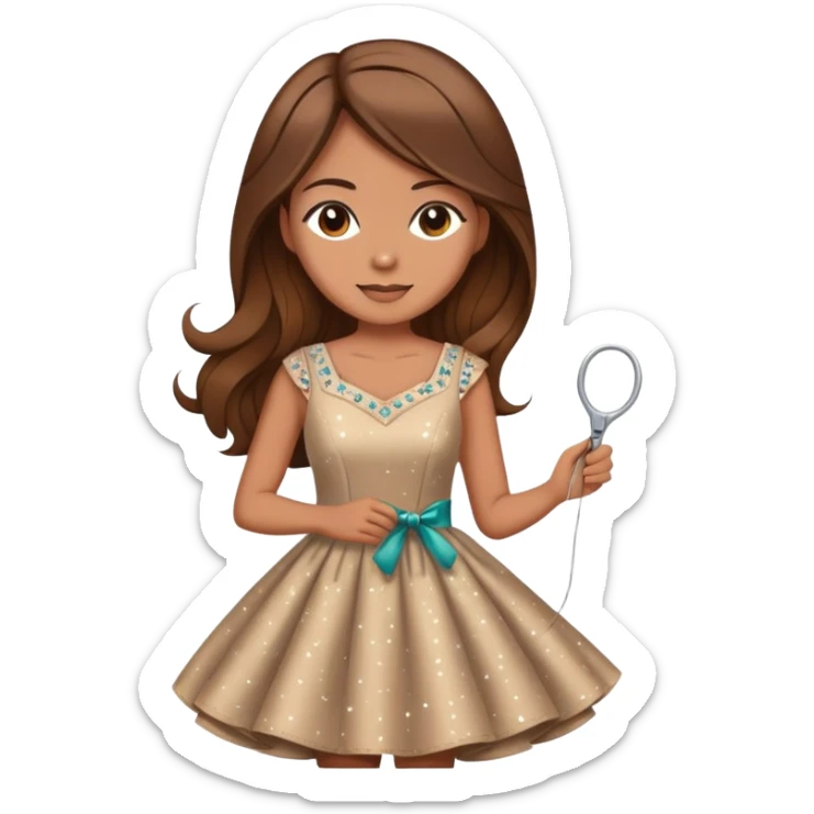 Woman with long brown hair sewing a cute dress with sparkles around her in the background elegant  sticker