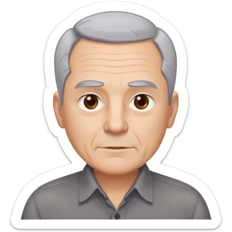 Close-up portrait of René Monclova. Light-skinned older man with round face and broad jaw. Short silver-gray hair with visible receding hairline. Warm brown eyes, thick eyebrows. Neutral expression. Wearing a dark button-up shirt. sticker