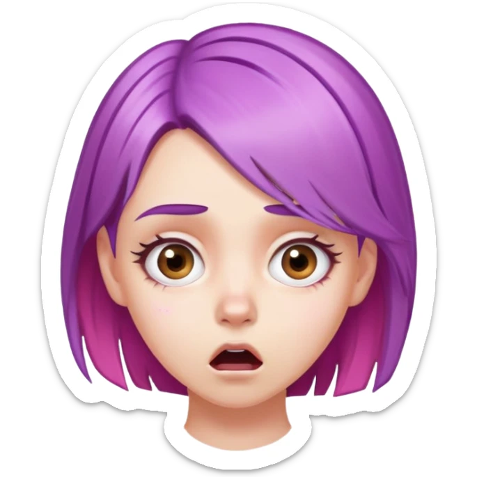 face of a white girl with purple and pink hair, shocked expression sticker