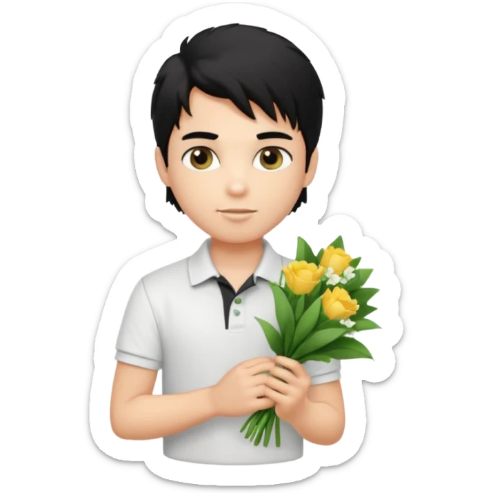 generate a pretty fair bratz boy with a messy mullet (black hair), wearing a white polo.  carrying a bouquet made of money. Fancy card behinf him sticker