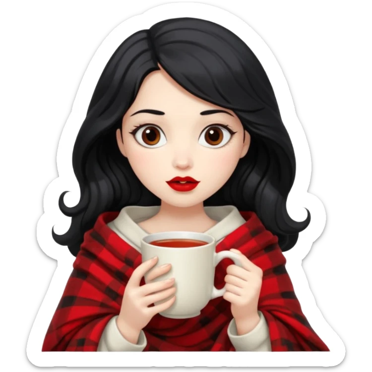 Long wavy Black haired, white skinned, dark big eyed girl with red lipstick wrapped in a blanket, sipping tea and reading a book sticker