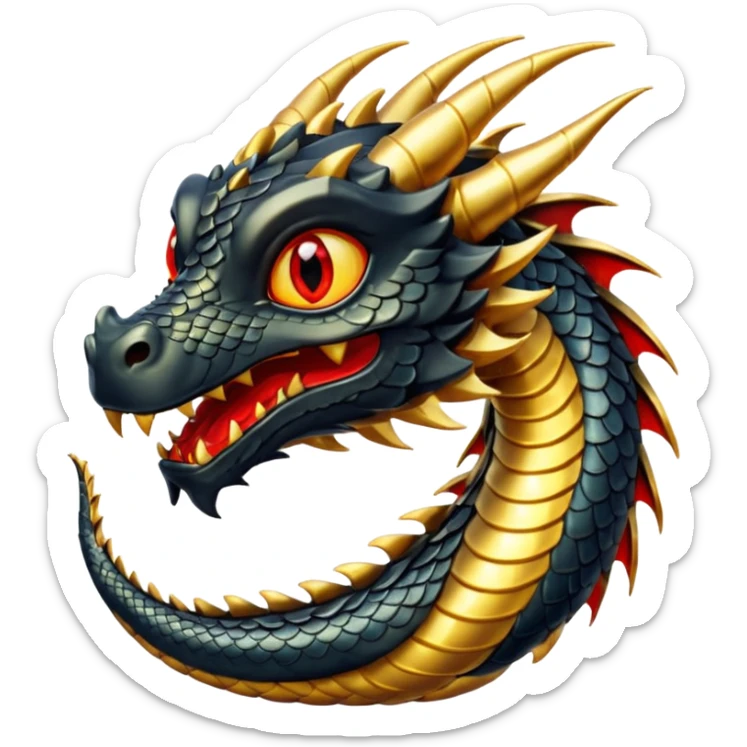 The image depicts a dragon resembling the dragon symbol from ancient Japanese mythology, combining the colors gold and black. It is bright and shiny, with clear colors, and the background of the image is transparent. The dragon embodies these colors, has red eyes, and is complete. sticker