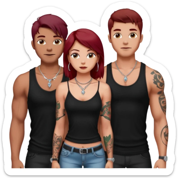 a pretty bratz fair girl with dark red straight hair, black cami top, silver dainty necklaces, rings, hoops, tattoos standing with two handsome lean but muscled guys sticker