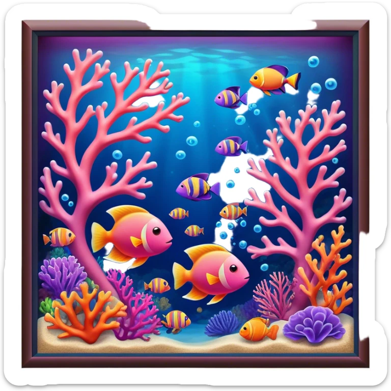 Cinematic Realistic Coral Reef Emoji in a wooden frame, Vibrant and alive, with colorful corals in hues of pink, purple, and orange, swaying gently with the underwater currents. Schools of tropical fish dart between the coral, with soft rays of sunlight piercing through the clear blue water above, creating a magical, serene underwater world. Soft glowing outline, capturing the essence of the bustling, colorful, and peaceful aquatic paradise. sticker