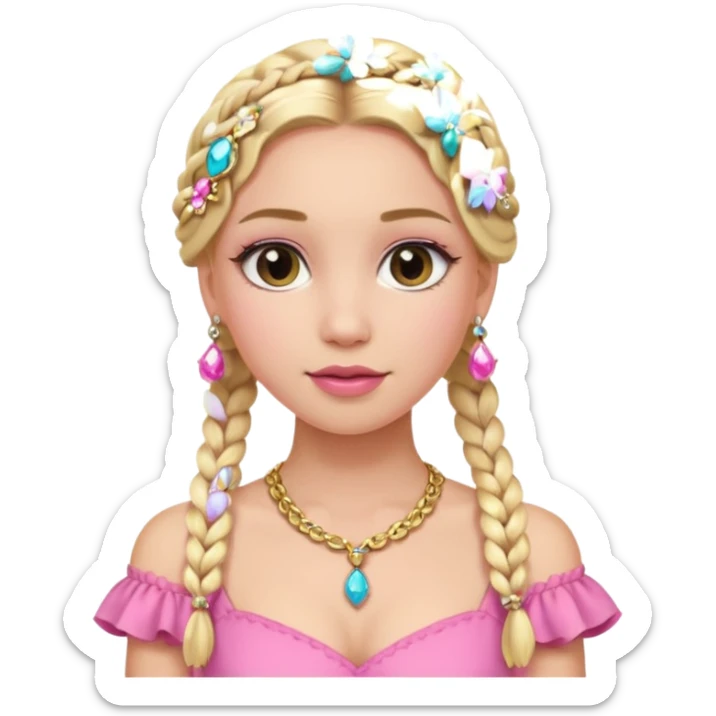 fancy blonde hair girl with braids pink outfit makeup and jewellery sticker