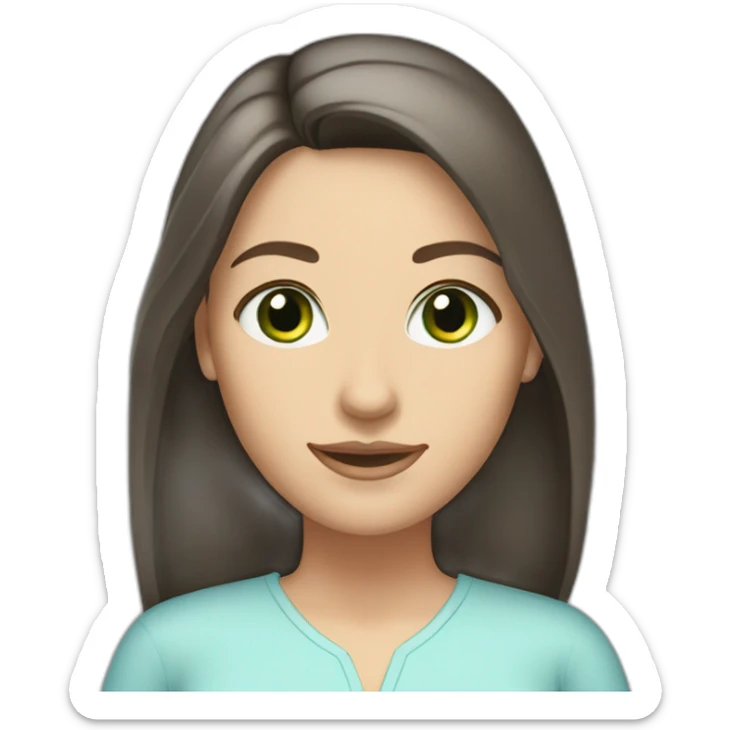 Caucasian woman, long straight dark brown hair, green eyes, wearing a light blue blouse, slight smile sticker