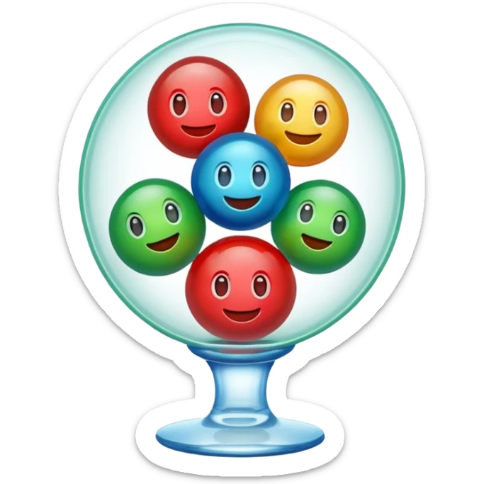 Cute 3D cartoon emoji style sticker of a 3 glass and ball game, glossy plastic texture, soft lighting, smooth shadows, playful expression, high detail, white outline sticker, transparent background (glass color green, red, & blue) sticker