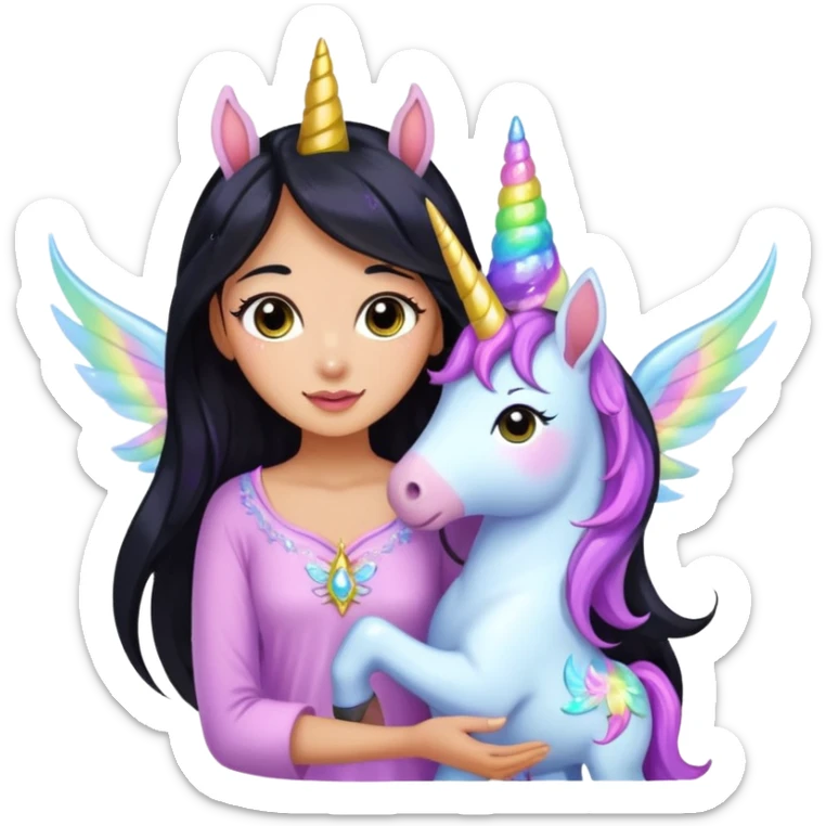 Earthreal sparkly angelic mystical magical shiny pretty Fairy. Dark Brown eyes. Caramel skin. Long black hair. White, hot pink and light blue and lavender and light green and light yellow fairy wings. Pet unicorn  sticker