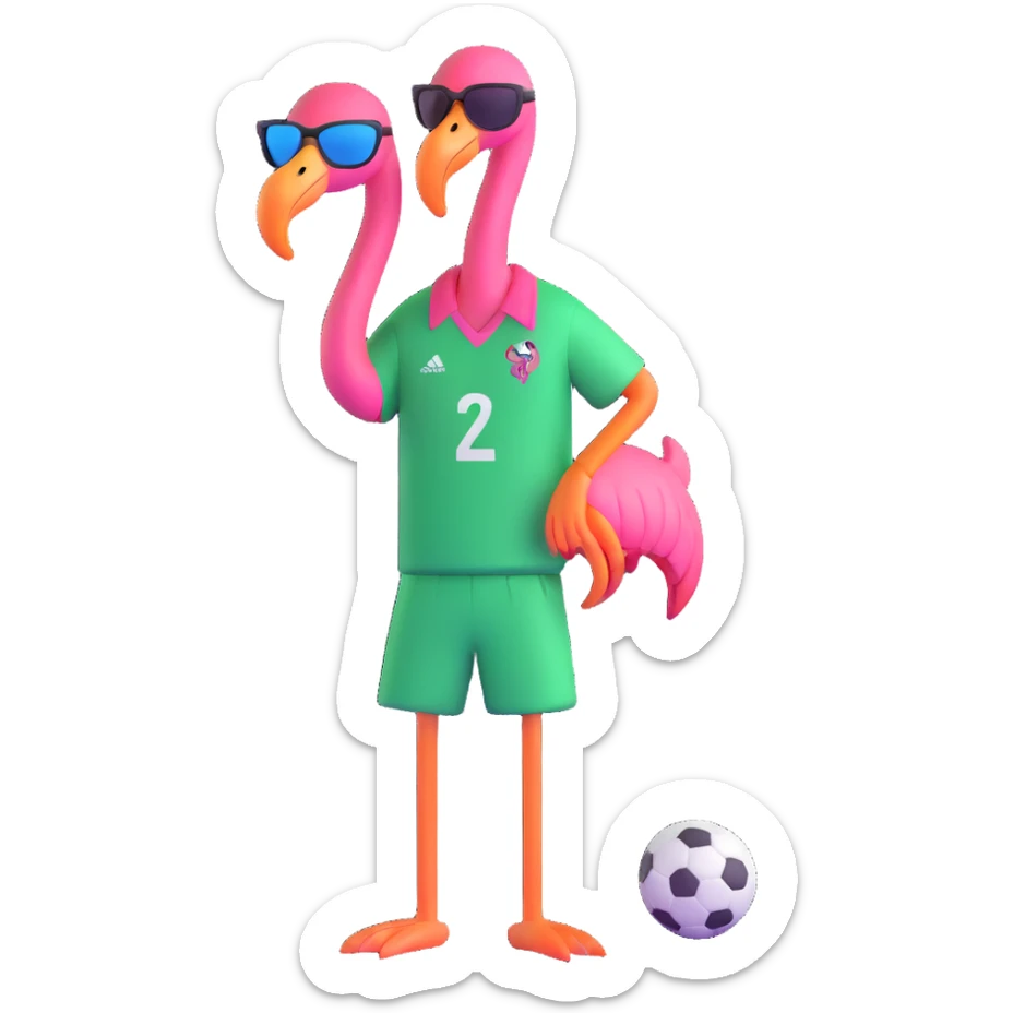 flamingo soccer player with sunglasses and a black and green jersey sticker