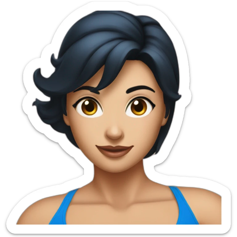 40 year old pretty woman with black hair in a blue bikini at a fitness competition  sticker