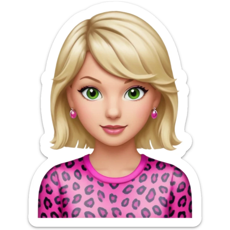 Green eyed smiling Taylor Swift wearing a pink leopard print outfit with hair that is half blonde and half pink sticker