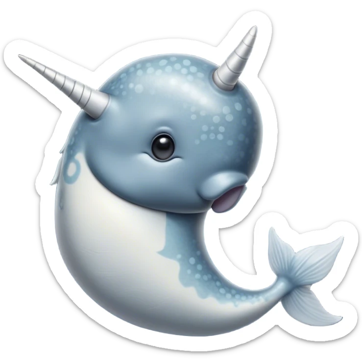 Cinematic Noble Narwhal Portrait Emoji, Poised and majestic, with a robust, streamlined body draped in mottled, silvery-gray skin, featuring a long, spiraled, ivory tusk and deep, thoughtful eyes that exude ancient oceanic wisdom, Simplified yet sharp and sophisticated features, highly detailed, glowing with a soft, ethereal arctic glow, high shine, intelligent and enigmatic, stylized with an air of mythical marine grandeur, focused and graceful, soft glowing outline, capturing the essence of a watchful and confident sea unicorn that appears ready to glide out of the screen with timeless authority! sticker