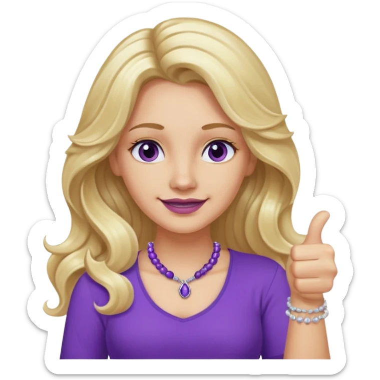 lady with long wavy blonde hair, purple top, коричневыми eyes, thumbs up, с бусами белые и серебром на шее sticker