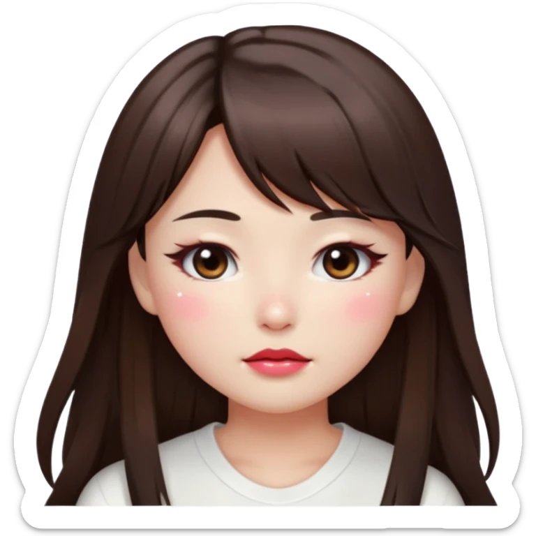 “japanese style Emoji brunette girl long hair with side bangs white top, dewy skin, heavy blush across cheeks and nose bridge, glossy cherry lips, soft eyeliner, teary sparkling eyes sticker