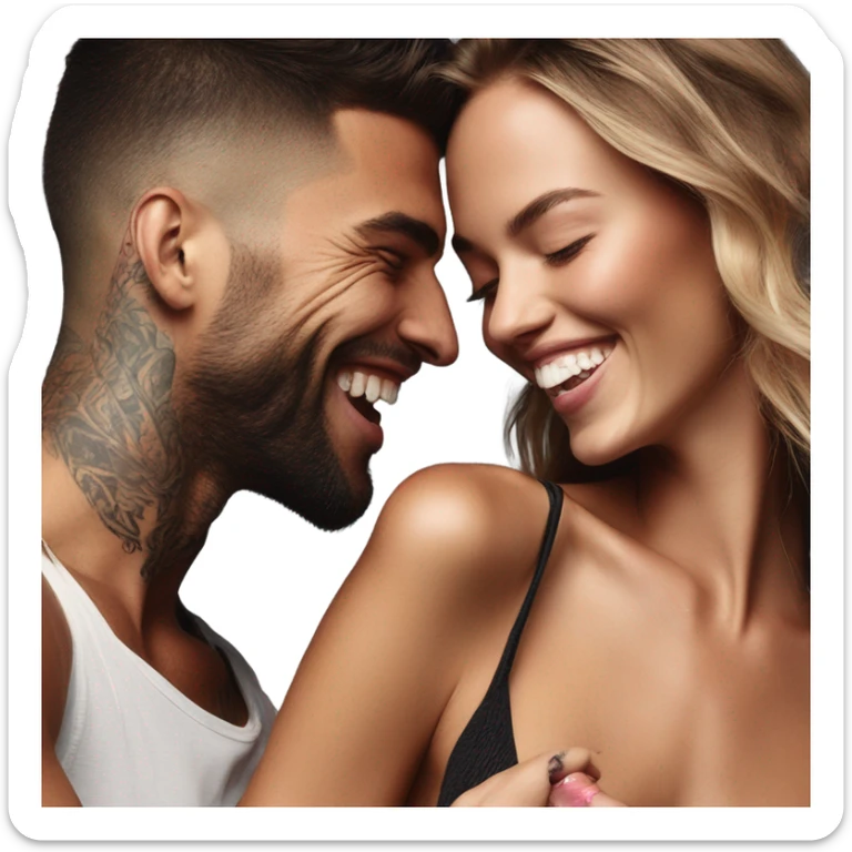 Photo of Victoria secret model laughing with a tattooed male model  sticker