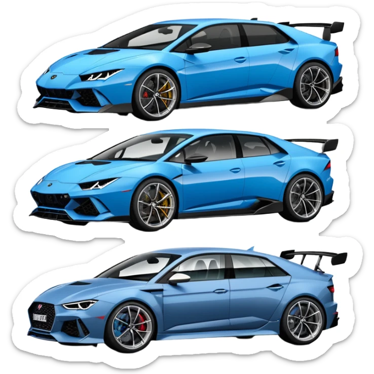three cars lineup fromt profile forming a semi circle with a lamboghini svj an bmw m140i and a audi rs6 sticker