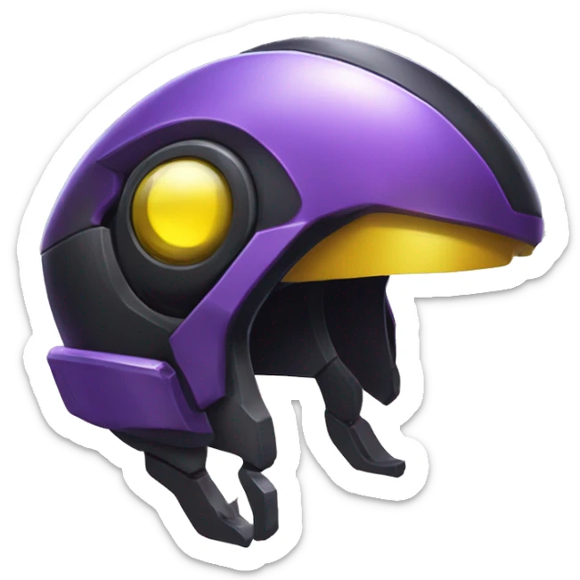 a shiny black-purple-yellow Genesect-Raptor-Fakémon—hybrid with a futuristic visor-helmet full bod sticker