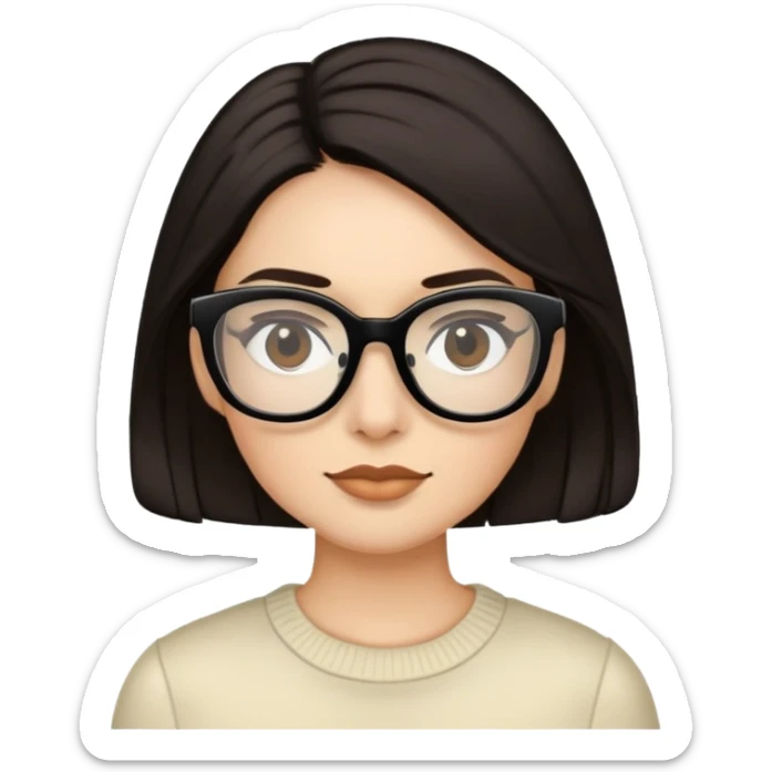 Very dark brown hair, black glasses, pretty, warm ivory skin tone, she wears a hair clip sticker
