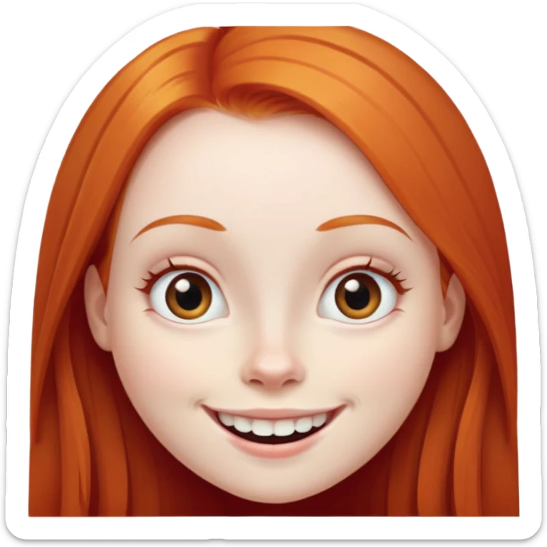 traditional emoji of young girl with very pale skin, long straight bright ginger red hair, very big wide human eyes positioned close together, wide nose, big smile with extremely large prominent teeth showing, classic round face sticker
