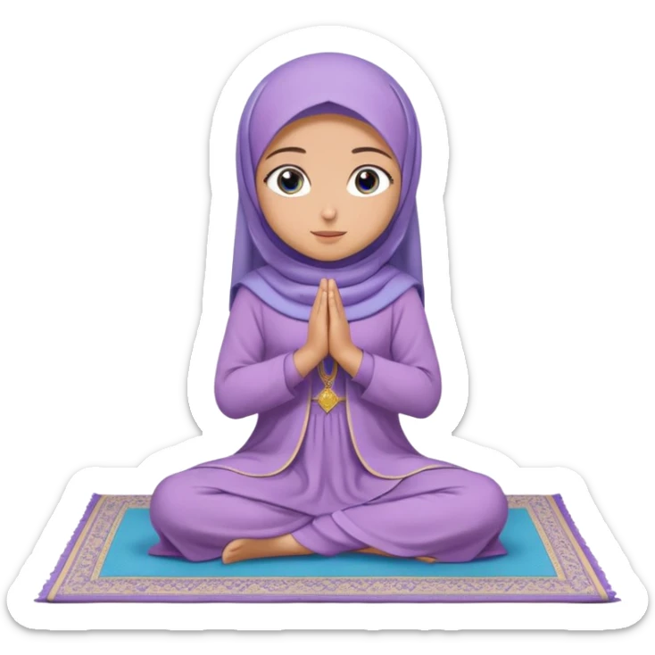 Turkish beautiful finish Konya muslim girl blue eyes with light purple color flower hijab long tail dress and sits on the pray mat namaz on the ground with dua  sticker