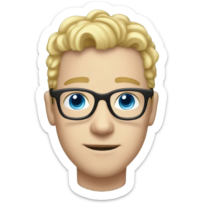 Man with short curly blonde hair and light blue eyes and pale skin and thick black glasses sticker