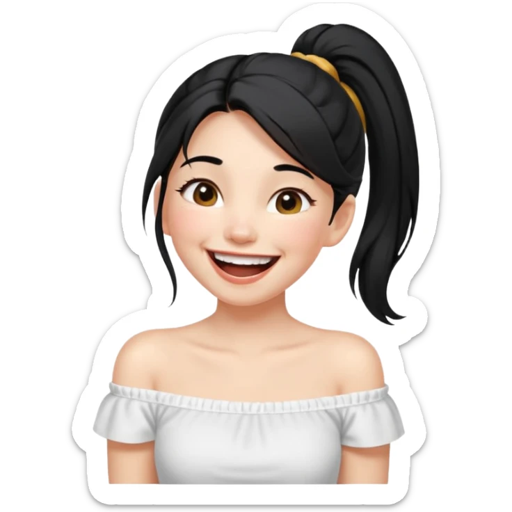 Cewe Ceria Kulit putih cerah, rambut hitam dikuncir dewasa Pakai off shoulder putih. Lagi ketawa lepas sticker