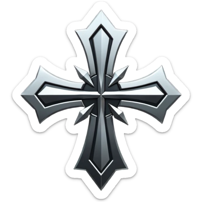 Emoji, dark futuristic cross, symmetrical geometric shape, black metal, gothic cyber aesthetic, minimal flat design, sharp edges, centered, transparent background do not use any other colors but metal and black sticker