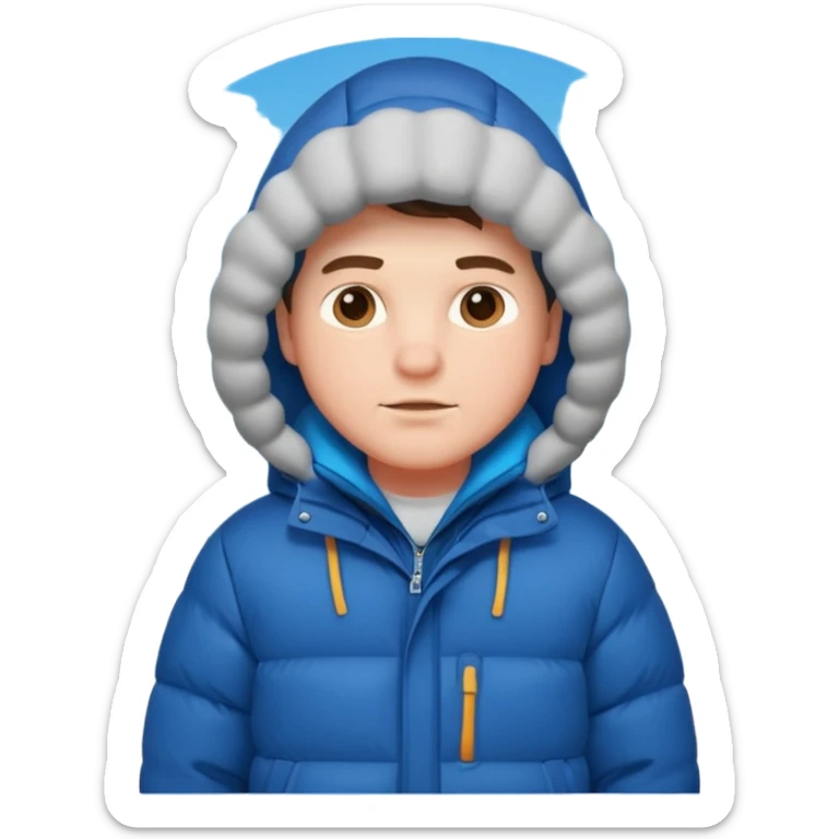 A man sitting on a chair, wearing a puffed coat with hood, hands in his pocket, freezing in the winter sticker