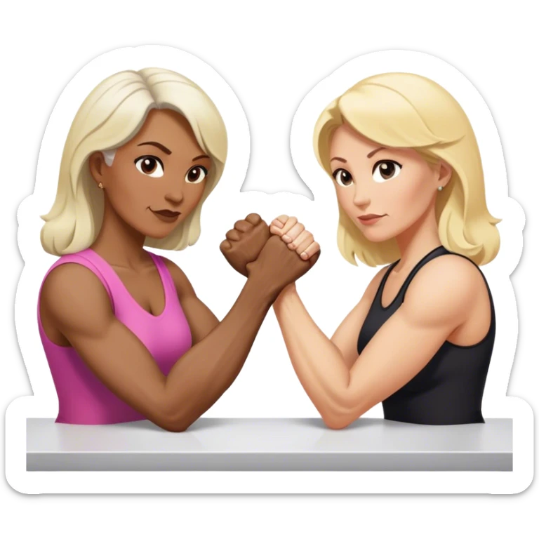 Two ladies in their fifties one blond and one brunette and they are arm wrestling  sticker
