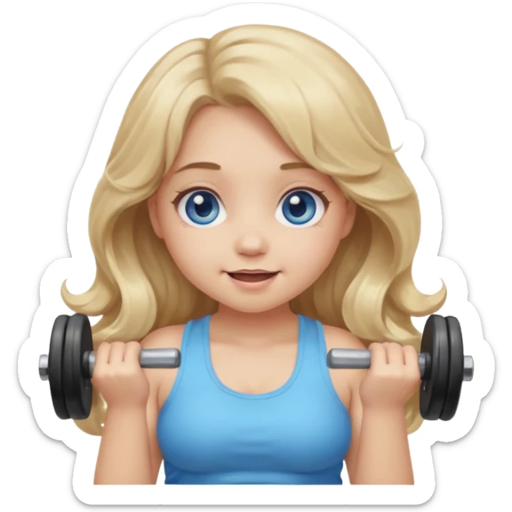 Kawaii emoji girl with big  blue glossy eyes, long wavy dirty blonde hair, happy expression, holding a dumbell, chubby cheeks, soft pastel colors, cozy and sweet aesthetic, clean background. sticker