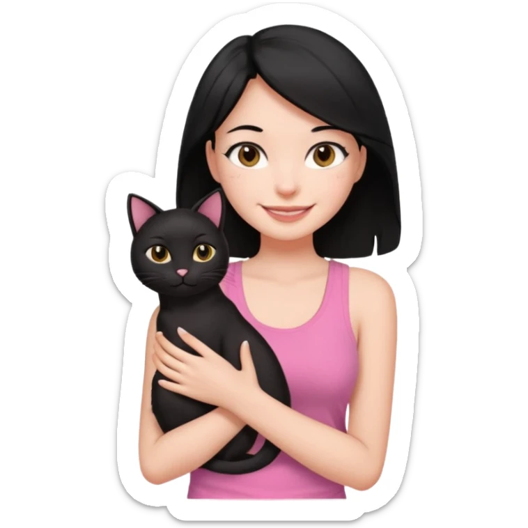 pretty woman with black hair and brown eyes, wearing a pink tank top, holding a black cat, smiling sticker