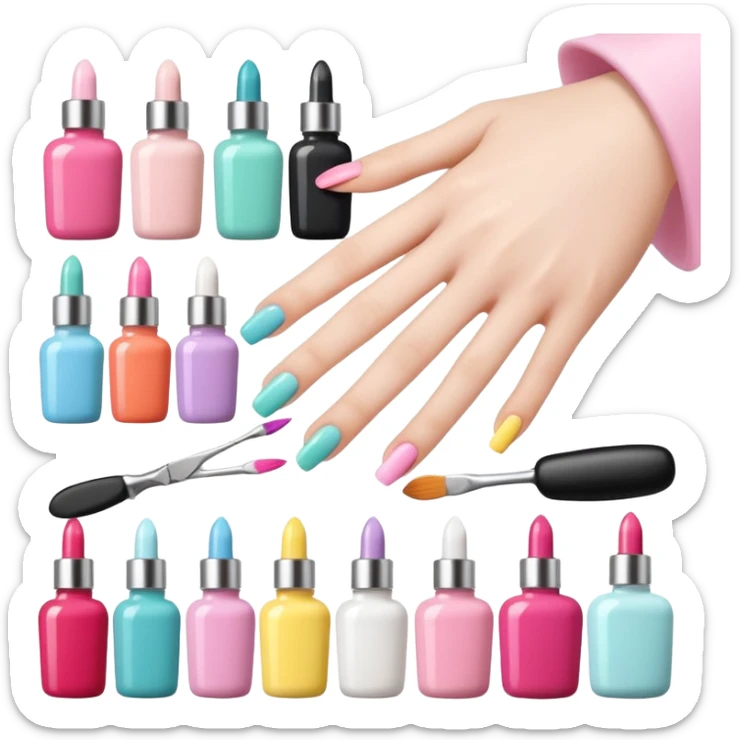 Minimalist nail art sticker pack featuring a cute female nail artist, nail tools like brushes and files, colorful nail polish bottles, small decorated nails, simple and clean design, pastel colors, kawaii style, delicate and charming, high-resolution, perfect for nail stickers sticker