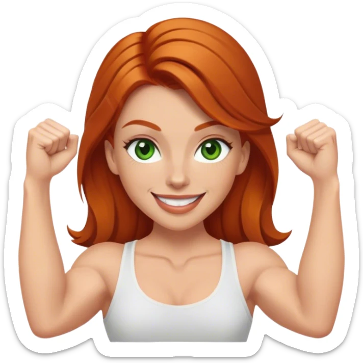 make a white girl that has ginger hair, green eyes, dark brown eyebrows,  long lashes, small lips, smiling and is skinny and a little buff, flexing her muscles  sticker