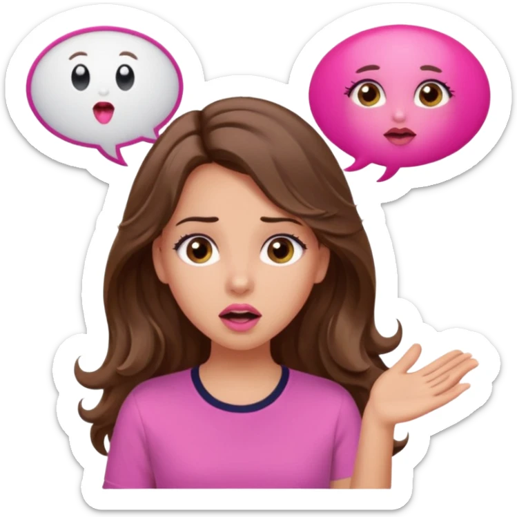 girl with long wavy brown hair, brown eyes, light to medium complexion, in a pink shirt, pink lips, long lashes, surprised, wow speech bubble sticker