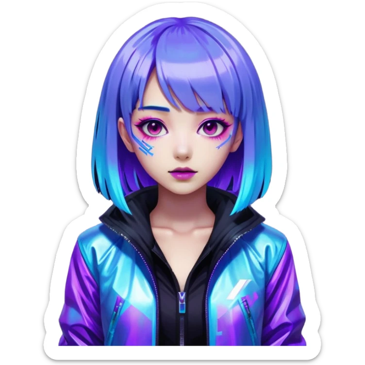 Cyberpunk Japanese girl with neon blue wig, holographic jacket, digital glitches effect, dark background with purple glow, iOS app icon style sticker