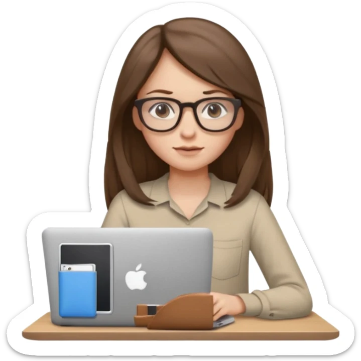 Girl in glasses,brown long hair, beige shirt, sitting with gray MacBook sticker